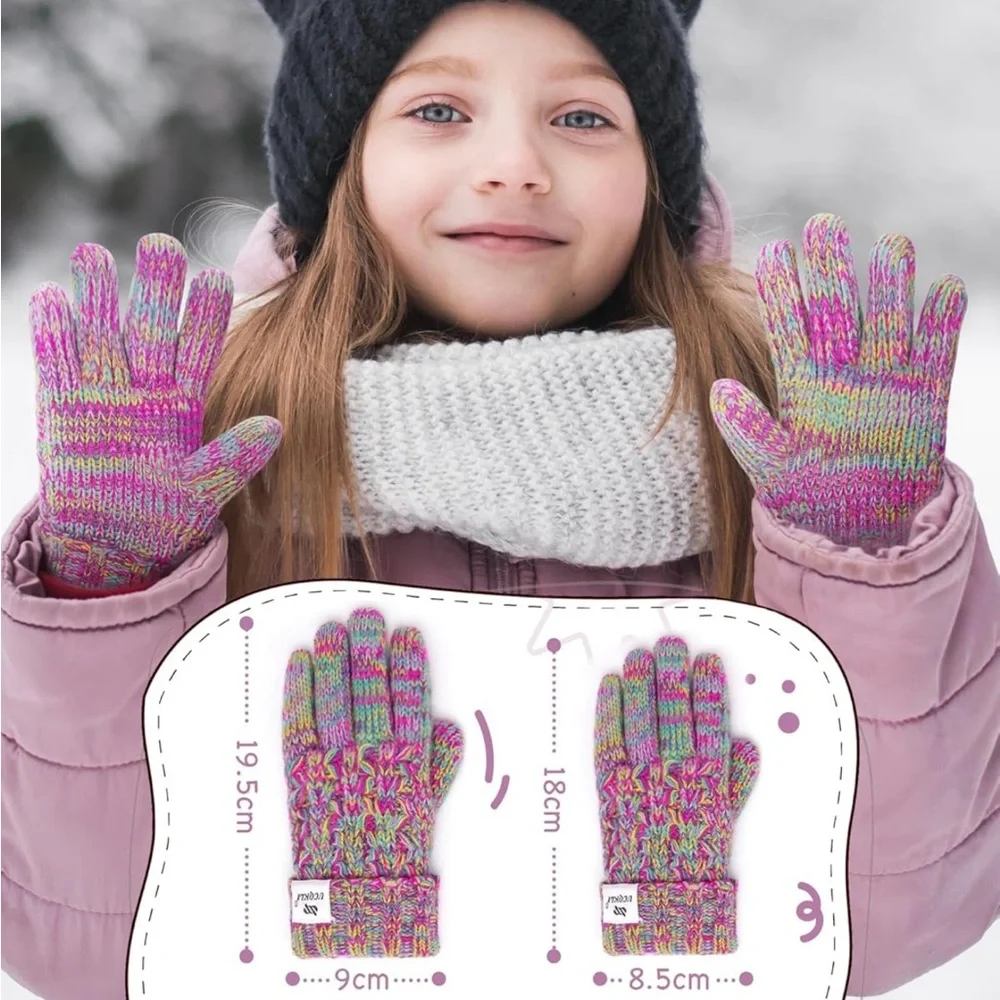 Winter Knit Gloves with Faux Fur Cuff - Purple and Tan